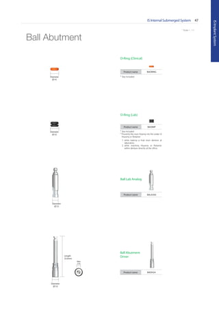 IS Internal Submerged System 47
ISImplantSystem
* Scale 1 : 1.1
Product name BAORING
Product name BAOIMP
Diameter
4.5
Diameter
4.5
Product name BALA350
Diameter
3.5
Ball Lab Analog
Ball Abutment
Driver
Product name BADH24
Diameter
5.0
Hex
2.4
Length
25.0mm
Ball Abutment
O-Ring (Clinical)
O-Ring (Lab)
* 3ea Included
* Prevents the resin flowing into the under of
Housing or Retainer
1. while making a final resin denture at
laboratory.
2. while inserting Housing or Retainer
within denture directly at the office.
* 3ea Included
 