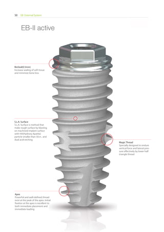 EB External System50
* Scale 1 : 1.1
BioSeal(0.5mm)
Increase sealing of soft tissue
and minimize bone loss
Apex
Powerful and well-defined thread
exist at the peak of the apex. Initial
fixation at the apex is excellent to
both immediate placement and
immediate loading
Magic Thread
Specially designed to endure
vertical force and lateral pres-
sure effectively by lower half
triangle thread
EB-II active
S.L.A. Surface
S.L.A. Surface is method that
make rough surface by blasting
on machined implant surface
with HA(Hydroxy Apatite)
particle smaller than 50 and
dual acid-etching.
 