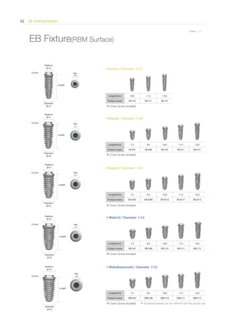 EB External System52
* Scale 1 : 1.1
Length
Diameter
5.0
Length
Diameter
4.5
Length
Diameter
4.0
EB Fixture(RBM Surface)
0.7mm
0.7mm
0.7mm
0.7mm
0.7mm
Length
Diameter
3.5
Platform
3.5
Platform
4.1
Platform
4.1
Platform
5.0
Platform
5.0
Length
Diameter
5.0
Hex
2.4
Hex
2.7
Hex
2.7
Hex
2.7
Hex
3.4
Narrow / Diameter 3.5
Length(mm) 10.0 11.5 13.0
Product name EB 310 EB 311 EB 313
Regular / Diameter 4.0
Length(mm) 7.3 8.5 10.0 11.5 13.0
Product name EB 407 EB 408 EB 410 EB 411 EB 413
Regular / Diameter 4.5
Length(mm) 7.3 8.5 10.0 11.5 13.0
Product name EB 4507 EB 4508 EB 4510 EB 4511 EB 4513
Wide(3i) / Diameter 5.0
Length(mm) 7.3 8.5 10.0 11.5 13.0
Product name EBI 507 EBI 508 EBI 510 EBI 511 EBI 513
Wide(Branemark) / Diameter 5.0
Length(mm) 7.3 8.5 10.0 11.5 13.0
Product name EBB 507 EBB 508 EBB 510 EBB 511 EBB 513
※ Cover Screw Included
※ Cover Screw Included
※ Cover Screw Included
※ Cover Screw Included
※ Cover Screw Included ※ All measurements can be different with the actual size
 