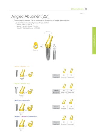 EB External System 65
EBImplantSystem
* Scale 1 : 1.1
Cuff(mm) 2.0 3.0
Product name EAHAN 2427 EAHAN 2437
Cuff(mm) 2.0 3.0
Product name EAHAI 2627 EAHAI 2637
Cuff(mm) 2.0 3.0
Product name EAHAB 2627 EAHAB 2637
Cuff
Cuff
Cuff
Angled Abutment(25°)
Cu
Diameter
4.5
Narrow / Diameter 4.5
Regular / Diameter 5.2
Wide(3i) / Diameter 5.7
Wide(B) / S-Wide(B) / Diameter 5.7
Hex
1.2
Cuff
Diameter
25°
Cuff(mm) 2.0 3.0
Product name EAHAR 2527 EAHAR 2537Cuff
Diameter
5.2
C
Diameter
5.7
Diameter
5.7
Customizable by grinding. Can be positioned in 12 directions by double hex connection
• Abutment Screw included, Tightening Torque : 30 Ncm
- Narrow Screw : CSHS16
- Regular / Wide(3i) Screw : CSHS20
- Wide(B) / S-Wide(B) Screw : CSHS25
Double Hex
 