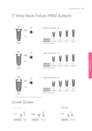 ITImplantSystem
IT Internal System 79
SurgicalKit
* Scale 1 : 1.1
IT Wide Neck Fixture (RBM Surface)
Cover Screw
Wide neck / Diameter 5.0
Wide neck / Diameter 5.5
Wide neck / Diameter 6.0
Length(mm) 8.5 10.0 11.5 13.0
Product name ITW 1608 ITW 1610 ITW 1611 ITW 1613
Length(mm) 8.5 10.0 11.5 13.0
Product name ITW 1508 ITW 1510 ITW 1511 ITW 1513
Length(mm) 8.5 10.0 11.5 13.0
Product name ITW 15508 ITW 15510 ITW 15511 ITW 15513
Length
G.Collar
1.8mm
Platform
6.5
Platform
6.5
Length
G.Collar
1.8mm
Platform
6.5
Diameter
5.0
Diameter
5.5
Diameter
6.0
Product name ITCS 10 Product name ITCS 20 Product name ITCSW 10
Small Small
Regular Neck
Large
(Optional)
Wide Neck
Octa
3.1
Octa
3.1
Octa
3.1
Hex
1.2
Hex
1.2
Hex
1.2
※ Cover Screw Included
※ Cover Screw Included
※ Cover Screw Included
※ All measurements can be different with the actual size
Length
G.Collar
1.8mm
 