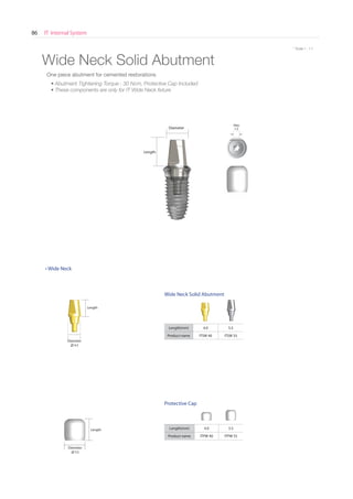 IT Internal System86
* Scale 1 : 1.1
Diameter
4.3
Diameter
5.5
Protective Cap
Length
Length(mm) 4.0 5.5
Product name ITSW 40 ITSW 55
Wide Neck Solid Abutment
Wide Neck Solid Abutment
Length(mm) 4.0 5.5
Product name ITPW 40 ITPW 55
Length
Diameter
Hex
1.2
One piece abutment for cemented restorations
• Abutment Tightening Torque : 30 Ncm, Protective Cap Included
• These components are only for IT Wide Neck ﬁxture
Length
 