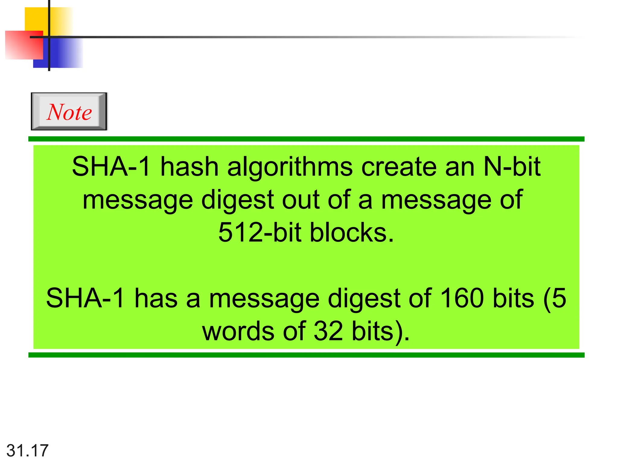 31.17
SHA-1 hash algorithms create an N-bit
message digest out of a message of
512-bit blocks.
SHA-1 has a message digest of 160 bits (5
words of 32 bits).
Note
 