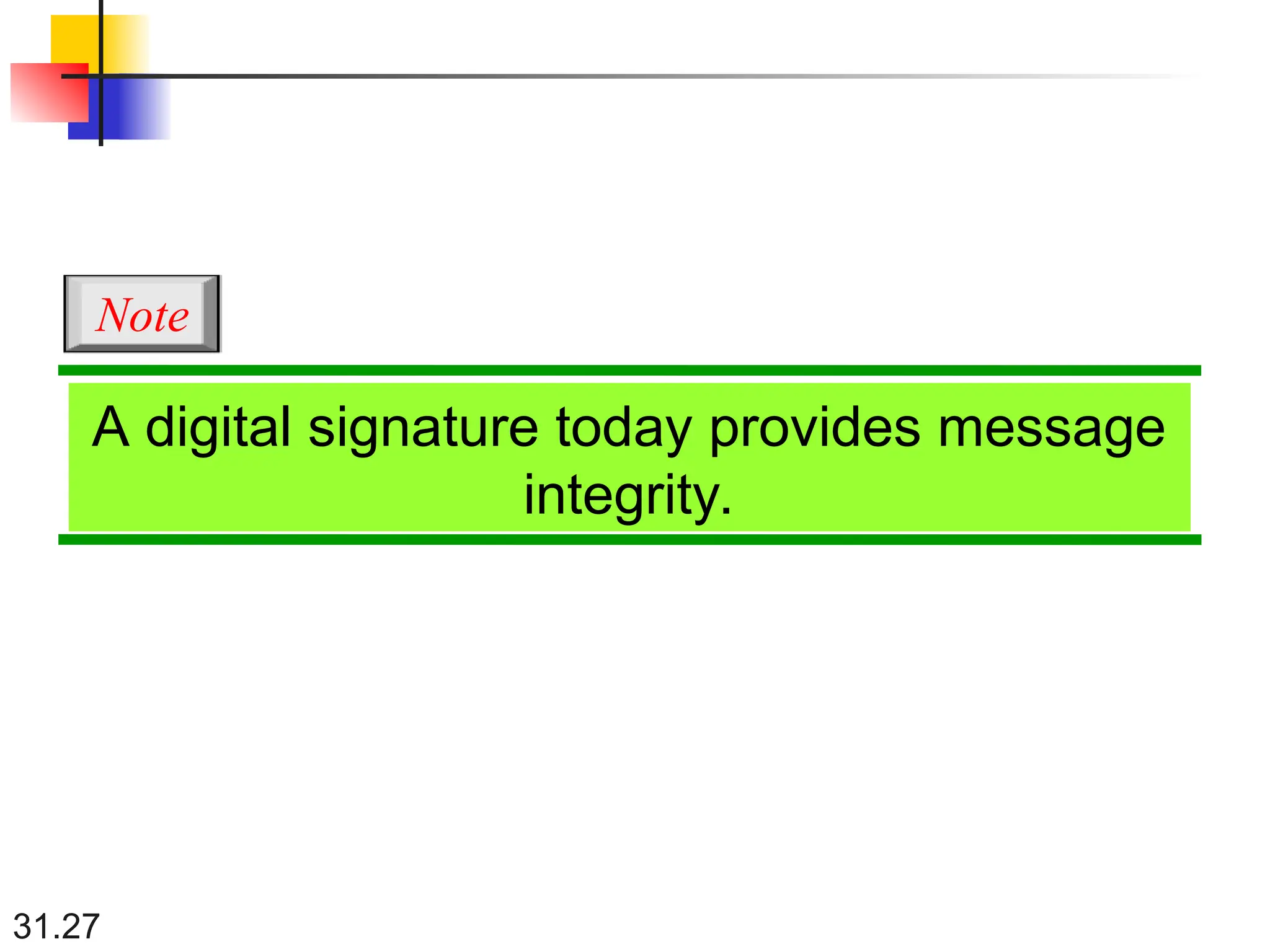 31.27
A digital signature today provides message
integrity.
Note
 