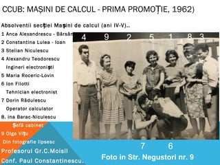 CCUB: MAȘINI DE CALCUL - PRIMA PROMOȚIE, 1962)
Absolventii sec iei Ma ini de calcul (ani IV-V)..ț ș
1 Anca Alexandrescu - Bârsănescu
2 Constantina Lulea - Ioan
3 Stelian Niculescu
4 Alexandru Teodorescu
Ingineri electroni tiș
5 Maria Roceric-Lovin
6 Ion Filotti
Tehnician electronist
7 Dorin Rădulescu
Operator calculator
8. ina Barac-Niculescu
efă cabinetȘ
9 Olga Vi u  ț
Din fotografie lipsesc
Profesorul Gr.C.Moisil
Conf. Paul Constantinescu.
12 34 5
67
89
Foto in Str. Negustori nr. 9
 