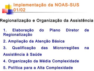Implementação da NOAS-SUS
01/02

Regionalização e Organização da Assistência
1.
Elaboração
Regionalização

do

Plano

Diretor

de

Microrregiões

na

2. Ampliação da Atenção Básica
3.

Qualificação

das

Assistência à Saúde
4. Organização da Média Complexidade
5. Política para a Alta Complexidade

 
