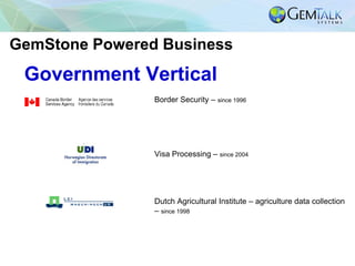 Government Vertical
Border Security – since 1996
Visa Processing – since 2004
Dutch Agricultural Institute – agriculture d...