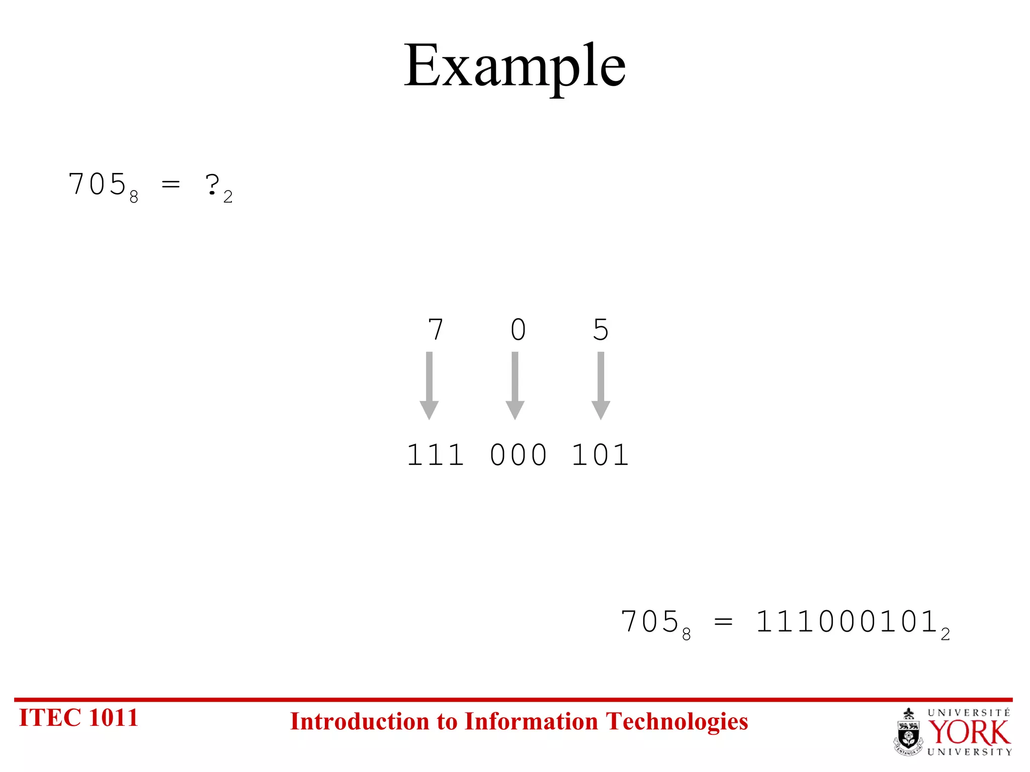Example 705 8  = ? 2 705 8  = 111000101 2 7  0  5 111 000 101 