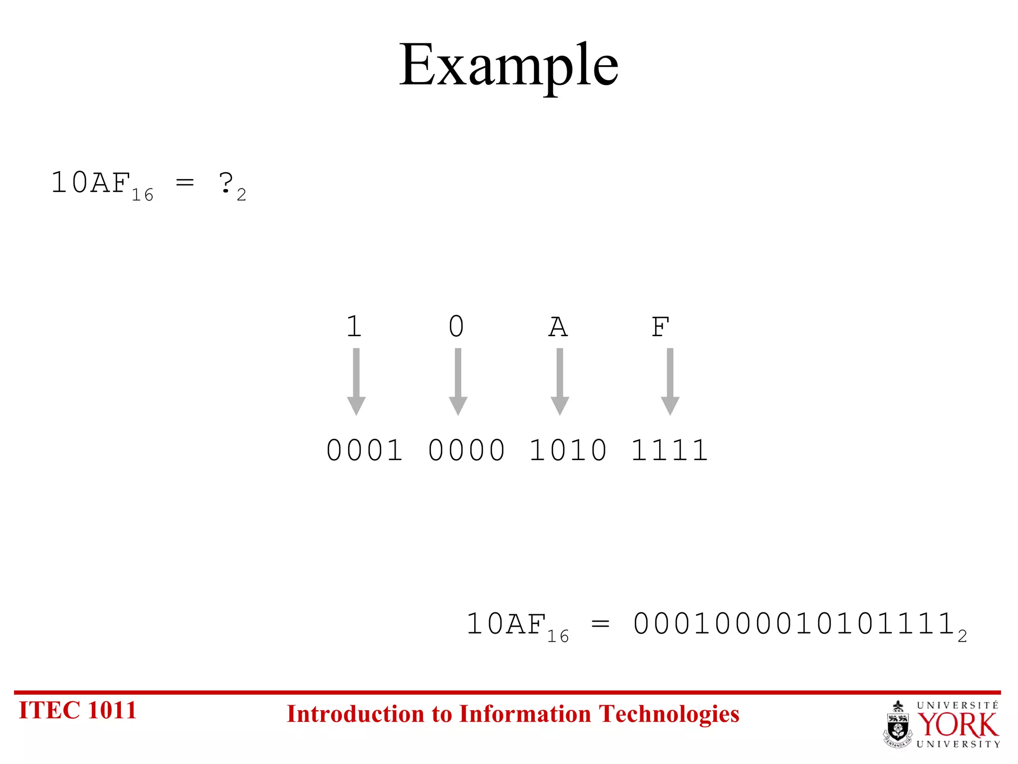Example 10AF 16  = ? 2 10AF 16  = 0001000010101111 2 1  0  A  F 0001 0000 1010 1111 
