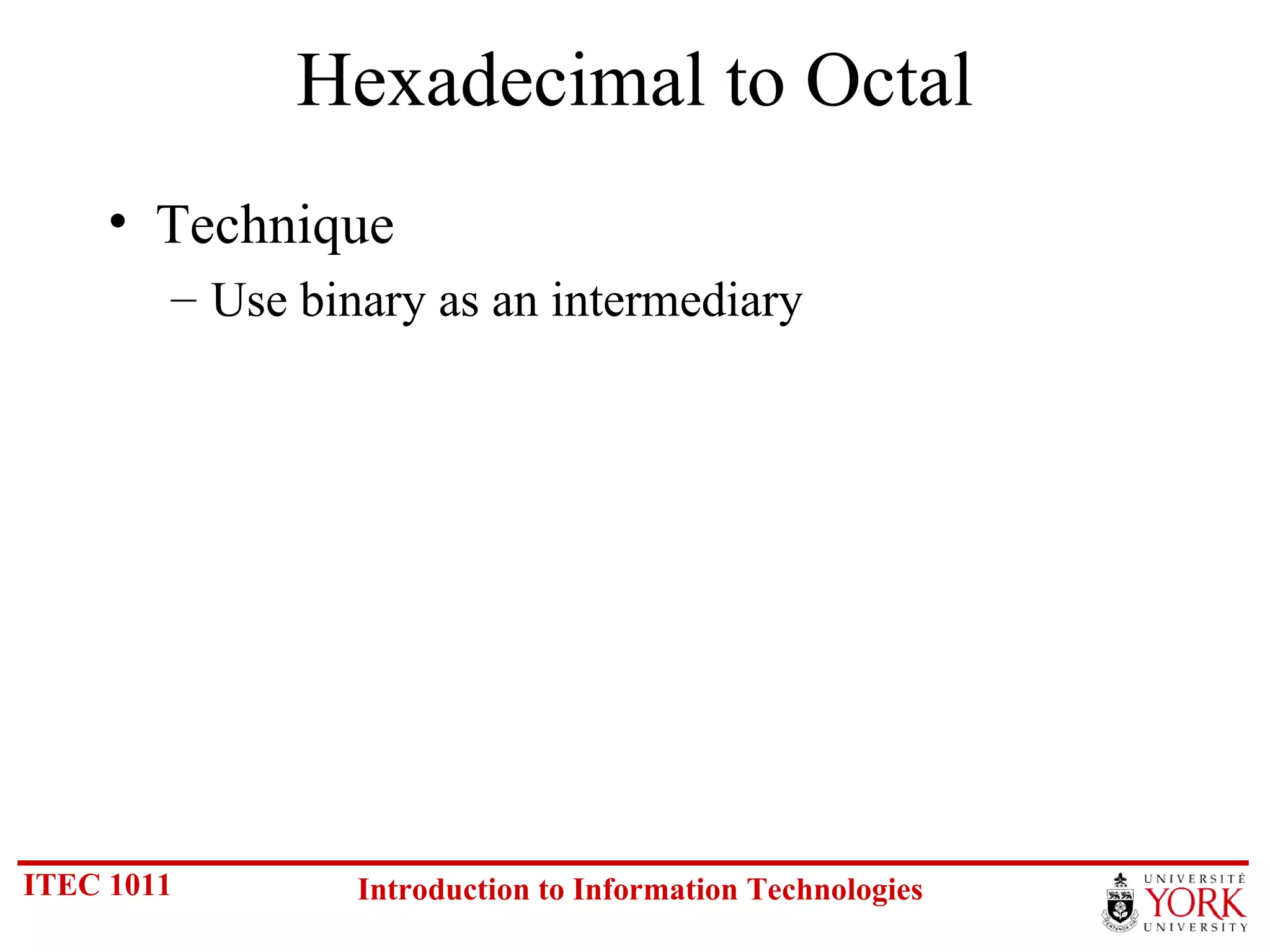Hexadecimal to Octal Technique Use binary as an intermediary 