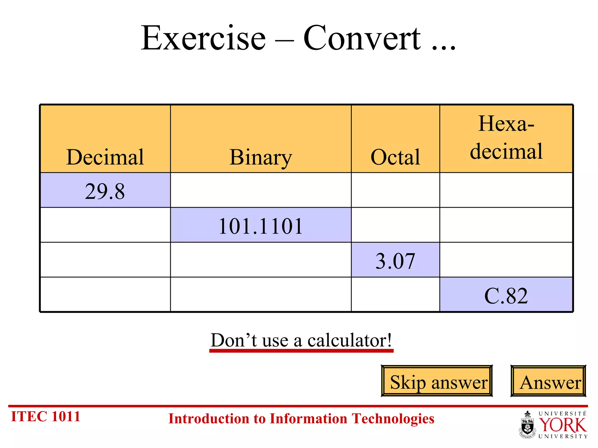 Exercise – Convert ... Skip answer Answer Don’t use a calculator! C.82 3.07 101.1101 29.8 Hexa- decimal Octal Binary Decimal 