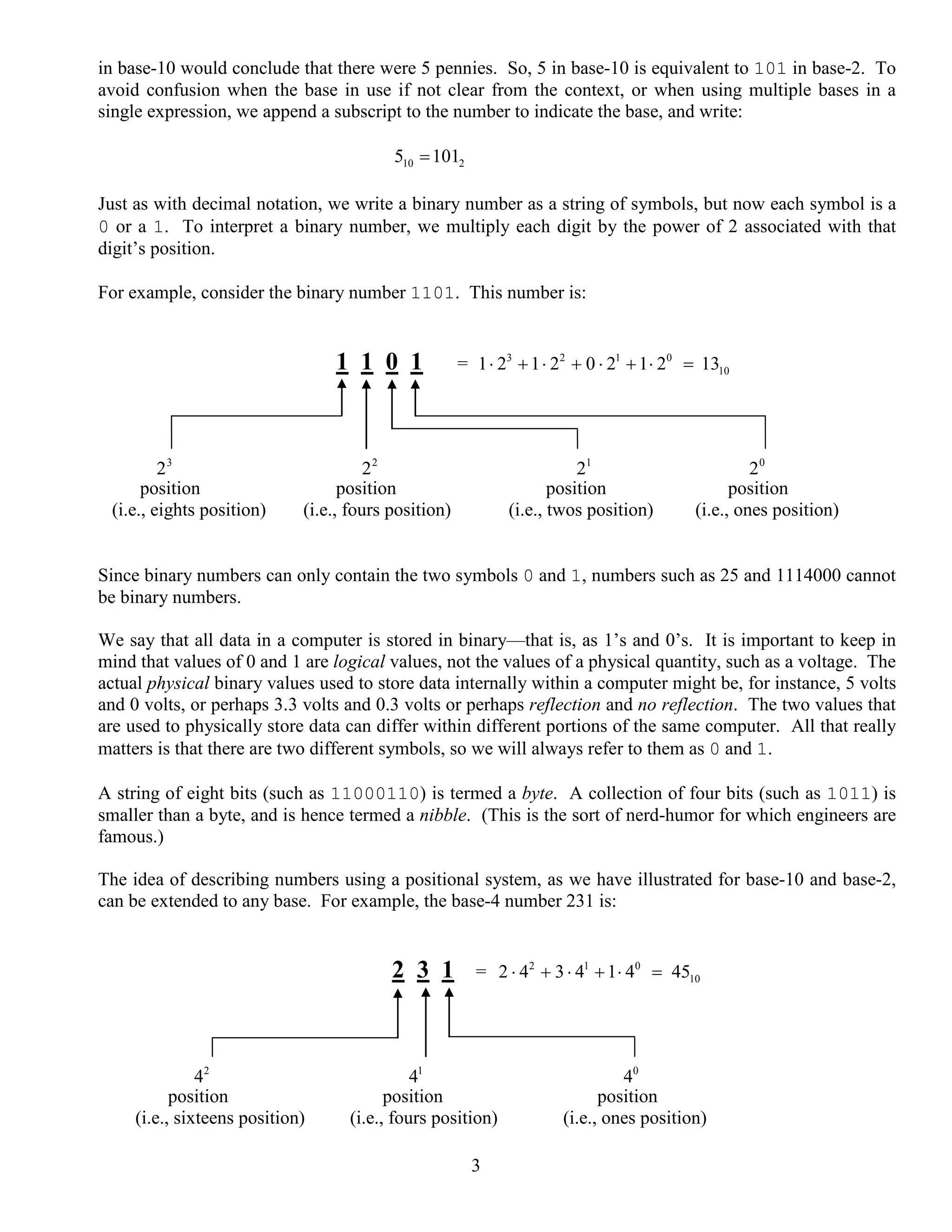 3
in base-10 would conclude that there were 5 pennies. So, 5 in base-10 is equivalent to 101 in base-2. To
avoid confusion when the base in use if not clear from the context, or when using multiple bases in a
single expression, we append a subscript to the number to indicate the base, and write:
10 25 101=
Just as with decimal notation, we write a binary number as a string of symbols, but now each symbol is a
0 or a 1. To interpret a binary number, we multiply each digit by the power of 2 associated with that
digit’s position.
For example, consider the binary number 1101. This number is:
1 1 0 1 = 3 2 1 0
101 2 1 2 0 2 1 2 13⋅ + ⋅ + ⋅ + ⋅ =
23
22
21
20
position position position position
(i.e., eights position) (i.e., fours position) (i.e., twos position) (i.e., ones position)
Since binary numbers can only contain the two symbols 0 and 1, numbers such as 25 and 1114000 cannot
be binary numbers.
We say that all data in a computer is stored in binary—that is, as 1’s and 0’s. It is important to keep in
mind that values of 0 and 1 are logical values, not the values of a physical quantity, such as a voltage. The
actual physical binary values used to store data internally within a computer might be, for instance, 5 volts
and 0 volts, or perhaps 3.3 volts and 0.3 volts or perhaps reflection and no reflection. The two values that
are used to physically store data can differ within different portions of the same computer. All that really
matters is that there are two different symbols, so we will always refer to them as 0 and 1.
A string of eight bits (such as 11000110) is termed a byte. A collection of four bits (such as 1011) is
smaller than a byte, and is hence termed a nibble. (This is the sort of nerd-humor for which engineers are
famous.)
The idea of describing numbers using a positional system, as we have illustrated for base-10 and base-2,
can be extended to any base. For example, the base-4 number 231 is:
2 3 1 = 2 1 0
102 4 3 4 1 4 45⋅ + ⋅ + ⋅ =
2
4 1
4 0
4
position position position
(i.e., sixteens position) (i.e., fours position) (i.e., ones position)
 