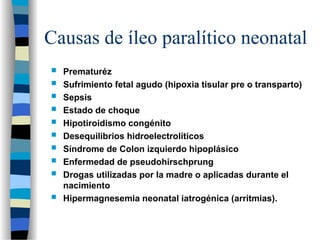 Causas de íleo paralítico neonatal
 Prematuréz
 Sufrimiento fetal agudo (hipoxia tisular pre o transparto)
 Sepsis
 Estado de choque
 Hipotiroidismo congénito
 Desequilibrios hidroelectrolíticos
 Síndrome de Colon izquierdo hipoplásico
 Enfermedad de pseudohirschprung
 Drogas utilizadas por la madre o aplicadas durante el
nacimiento
 Hipermagnesemia neonatal iatrogénica (arritmias).
 