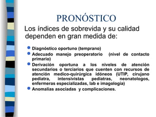 PRONÓSTICO
Los índices de sobrevida y su calidad
dependen en gran medida de:
 Diagnóstico oportuno (temprano)
 Adecuado manejo preoperatorio (nivel de contacto
primario)
 Derivación oportuna a los niveles de atención
secundarios o terciarios que cuenten con recursos de
atención medico-quirúrgica idóneos (UTIP, cirujano
pediatra, intensivistas pediatras, neonatologos,
enfermeras especializadas, lab e imagología)
 Anomalías asociadas y complicaciones.
 