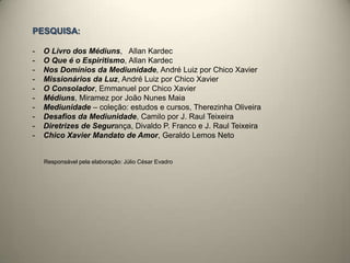 PESQUISA:
- O Livro dos Médiuns, Allan Kardec
- O Que é o Espiritismo, Allan Kardec
- Nos Domínios da Mediunidade, André Luiz por Chico Xavier
- Missionários da Luz, André Luiz por Chico Xavier
- O Consolador, Emmanuel por Chico Xavier
- Médiuns, Miramez por João Nunes Maia
- Mediunidade – coleção: estudos e cursos, Therezinha Oliveira
- Desafios da Mediunidade, Camilo por J. Raul Teixeira
- Diretrizes de Segurança, Divaldo P. Franco e J. Raul Teixeira
- Chico Xavier Mandato de Amor, Geraldo Lemos Neto
Responsável pela elaboração: Júlio César Evadro
 