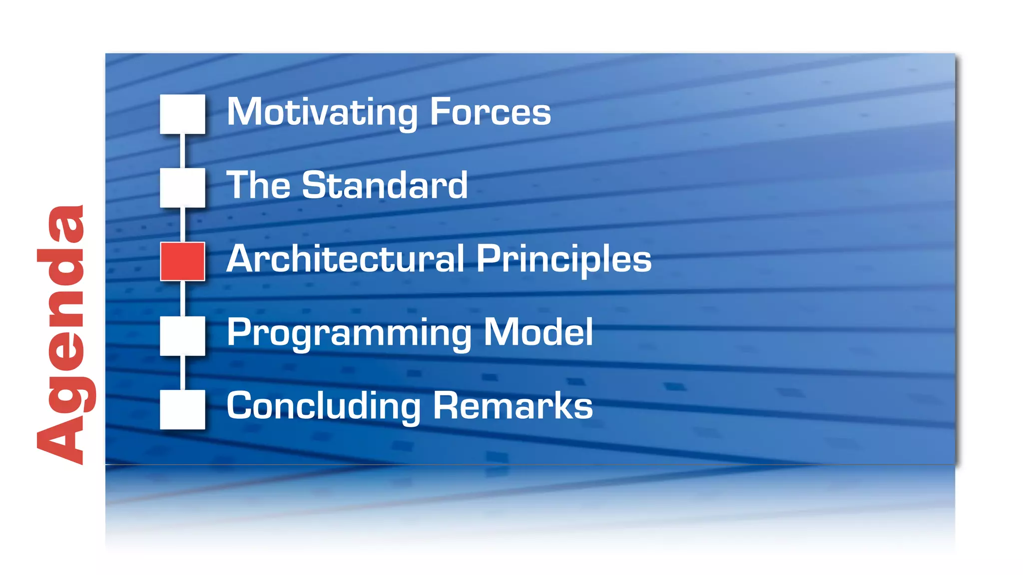 Motivating Forces
         The Standard
Agenda

         Architectural Principles
         Programming Model
         Concluding Remarks
 