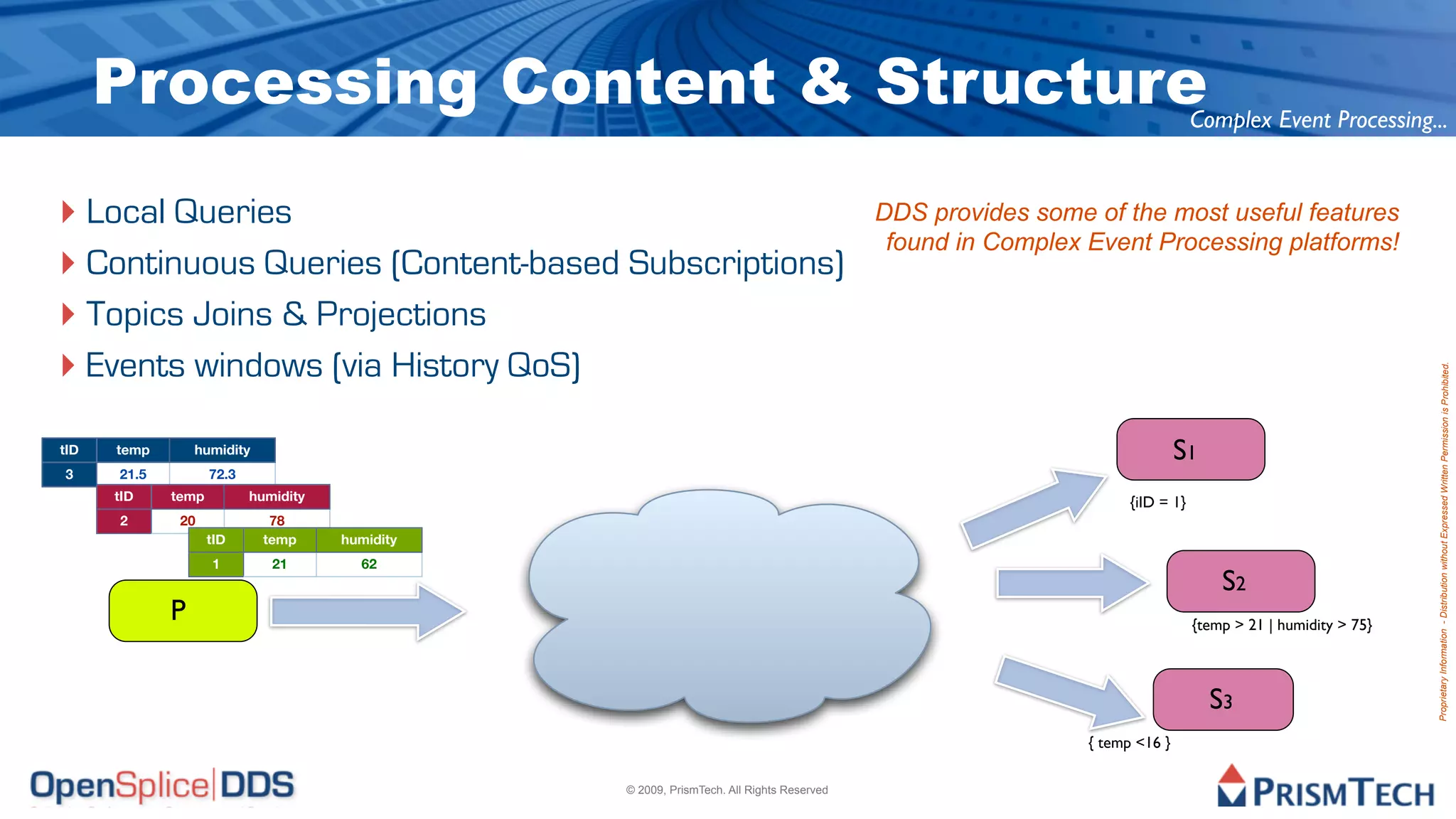 Processing Content & Structure                                                                                          Complex Event Processing...


‣ Local Queries                                                                           DDS provides some of the most useful features
                                                                                           found in Complex Event Processing platforms!
‣ Continuous Queries (Content-based Subscriptions)
‣ Topics Joins & Projections
‣ Events windows (via History QoS)




                                                                                                                                                            Proprietary Information - Distribution without Expressed Written Permission is Prohibited.
tID   temp       humidity                                                                                                  S1
3     21.5          72.3
      tID    temp          humidity                                                                               {iID = 1}
      2       20              78
                    tID      temp     humidity
                    1         21        62
                                                                                                                                  S2
             P                                                                                                                {temp > 21 | humidity > 75}



                                                                                                                                S3
                                                                                                            { temp <16 }

                                                 © 2009, PrismTech. All Rights Reserved
 
