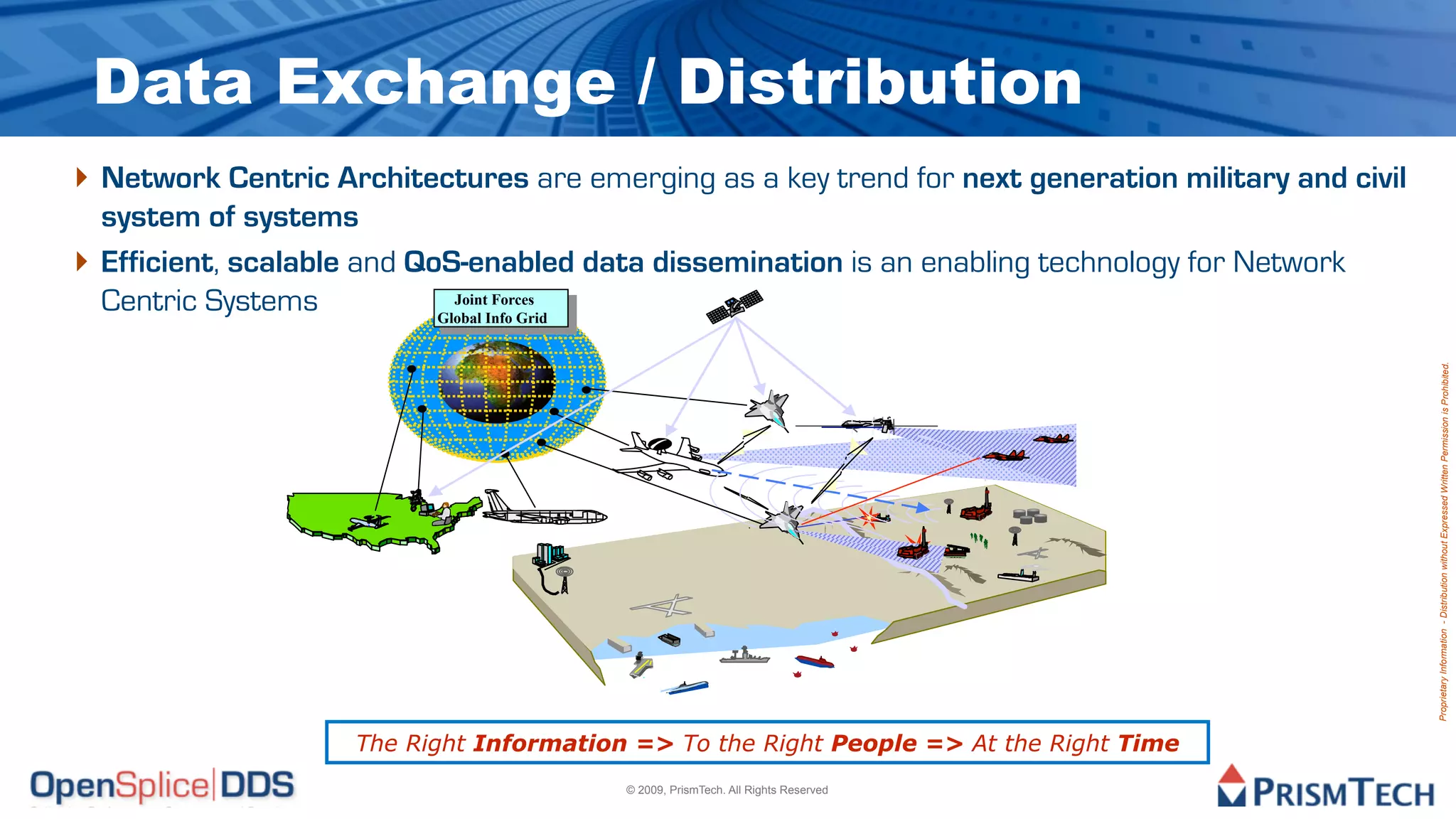 Data Exchange / Distribution
‣ Network Centric Architectures are emerging as a key trend for next generation military and civil
    system of systems
‣   Efficient, scalable and QoS-enabled data dissemination is an enabling technology for Network
    Centric Systems             Joint Forces
                                 Joint Forces
                              Global Info Grid
                                       Global Info Grid




                                                                                                     Proprietary Information - Distribution without Expressed Written Permission is Prohibited.
                 Adapted from “The Future of AWACS”,
                 by LtCol Joe Chapa

                          The Right Information => To the Right People => At the Right Time
                                                          © 2009, PrismTech. All Rights Reserved
 