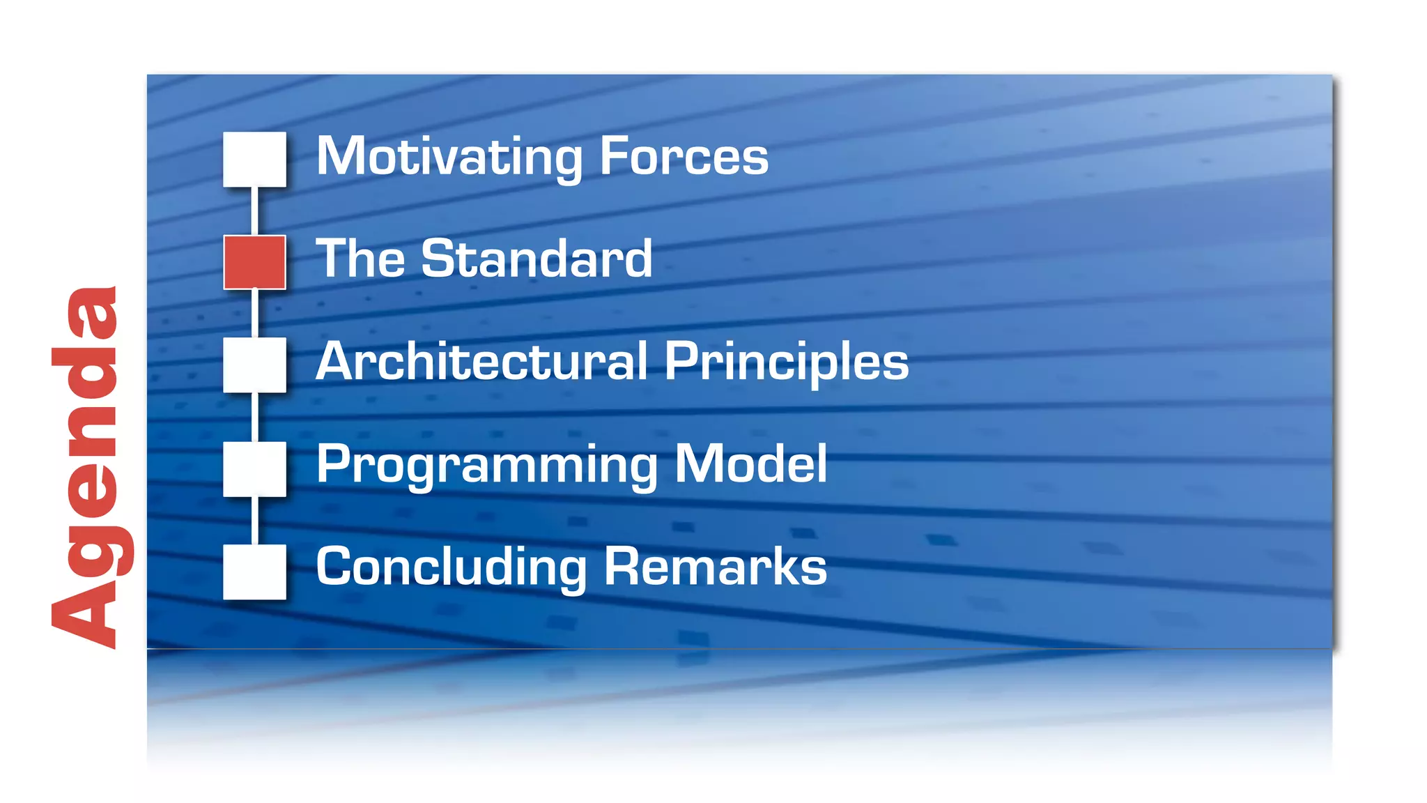 Motivating Forces
         The Standard
Agenda

         Architectural Principles
         Programming Model
         Concluding Remarks
 