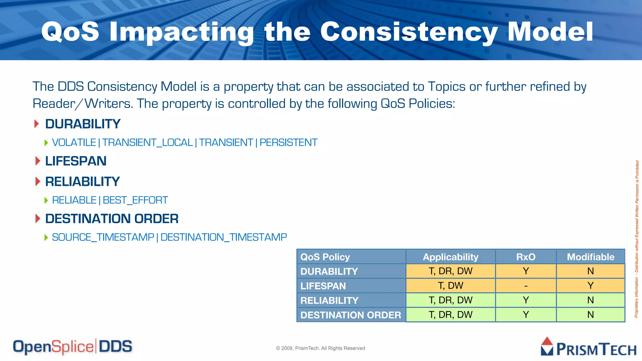 QoS Impacting the Consistency Model
The DDS Consistency Model is a property that can be associated to Topics or further refined by
Reader/Writers. The property is controlled by the following QoS Policies:
‣ DURABILITY
 ‣ VOLATILE | TRANSIENT_LOCAL | TRANSIENT | PERSISTENT
‣ LIFESPAN




                                                                                                                         Proprietary Information - Distribution without Expressed Written Permission is Prohibited.
‣ RELIABILITY
 ‣ RELIABLE | BEST_EFFORT
‣ DESTINATION ORDER
 ‣ SOURCE_TIMESTAMP | DESTINATION_TIMESTAMP
                                                        QoS Policy                     Applicability   RxO   Modiﬁable
                                                        DURABILITY                      T, DR, DW       Y       N
                                                        LIFESPAN                          T, DW         -       Y
                                                        RELIABILITY                     T, DR, DW       Y       N
                                                        DESTINATION ORDER               T, DR, DW       Y       N


                                              © 2009, PrismTech. All Rights Reserved
 