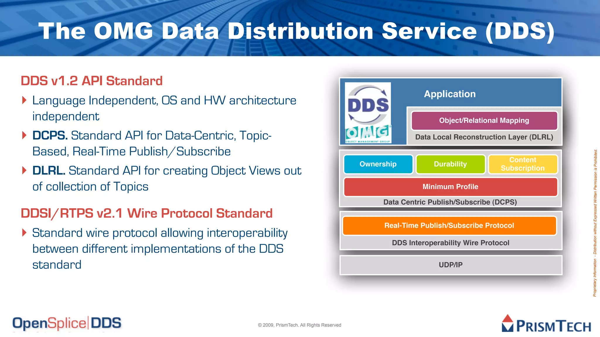 The OMG Data Distribution Service (DDS)

DDS v1.2 API Standard
‣ Language Independent, OS and HW architecture                                                        Application

    independent                                                                                           Object/Relational Mapping

‣   DCPS. Standard API for Data-Centric, Topic-                                                    Data Local Reconstruction Layer (DLRL)

    Based, Real-Time Publish/Subscribe




                                                                                                                                            Proprietary Information - Distribution without Expressed Written Permission is Prohibited.
                                                                                                                              Content
‣
                                                                                     Ownership           Durability
    DLRL. Standard API for creating Object Views out                                                                        Subscription

    of collection of Topics                                                                          Minimum Proﬁle

                                                                                          Data Centric Publish/Subscribe (DCPS)
DDSI/RTPS v2.1 Wire Protocol Standard
‣ Standard wire protocol allowing interoperability
                                                                                           Real-Time Publish/Subscribe Protocol

                                                                                             DDS Interoperability Wire Protocol
    between different implementations of the DDS
    standard                                                                                              UDP/IP




                                            © 2009, PrismTech. All Rights Reserved
 