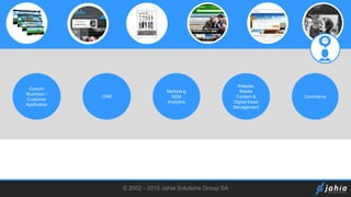 © 2002 - 2015 Jahia Solutions Group SA
Custom
Business /
Customer
Application
CRM
Marketing
SEM
Analytics
Website,
Mobile
Content &
Digital Asset
Management
Commerce
 