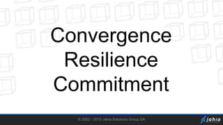 © 2002 - 2015 Jahia Solutions Group SA
Convergence
Resilience
Commitment
 