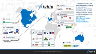 © 2002 - 2015 Jahia Solutions Group SA
United Kingdom
Canada
United States
Australia
“Jahia’s customers are
sophisticated and large
in size. Current
customers span across
industries such as retail
and government, where
portal capabilities are in
high demand.”
2014 Gartner Magic
Quadrant for
Horizontal Portal
France
Germany
Switzerland
 