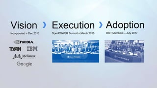 Vision
Incorporated – Dec 2013
Execution
OpenPOWER Summit – March 2015
Adoption
300+ Members – July 2017
 