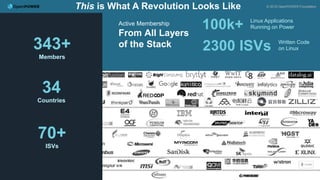 Software
Chip / SOC
I/O / Storage / Acceleration
Boards / Systems
System / Integration
343+
Members
34
Countries
70+
ISVs
This is What A Revolution Looks Like © 2018 OpenPOWER Foundation
Active Membership
From All Layers
of the Stack
100k+ Linux Applications
Running on Power
2300 ISVs Written Code
on Linux
 