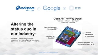 Novel + Community-Driven
Solutions to Very Difficult Problems
Altering the
status quo in
our industry:
Open All The Way Down:
Hardware + Software + Developers
Community Feedback
Chassis: Barreleye G2
w/Cache Coherent GPU
Zaius Motherboard
Barreleye G2
OpenBMC &
OpenFW
Coherent
interfaces for
co-processors
Read more in the Rackspace Blog
 