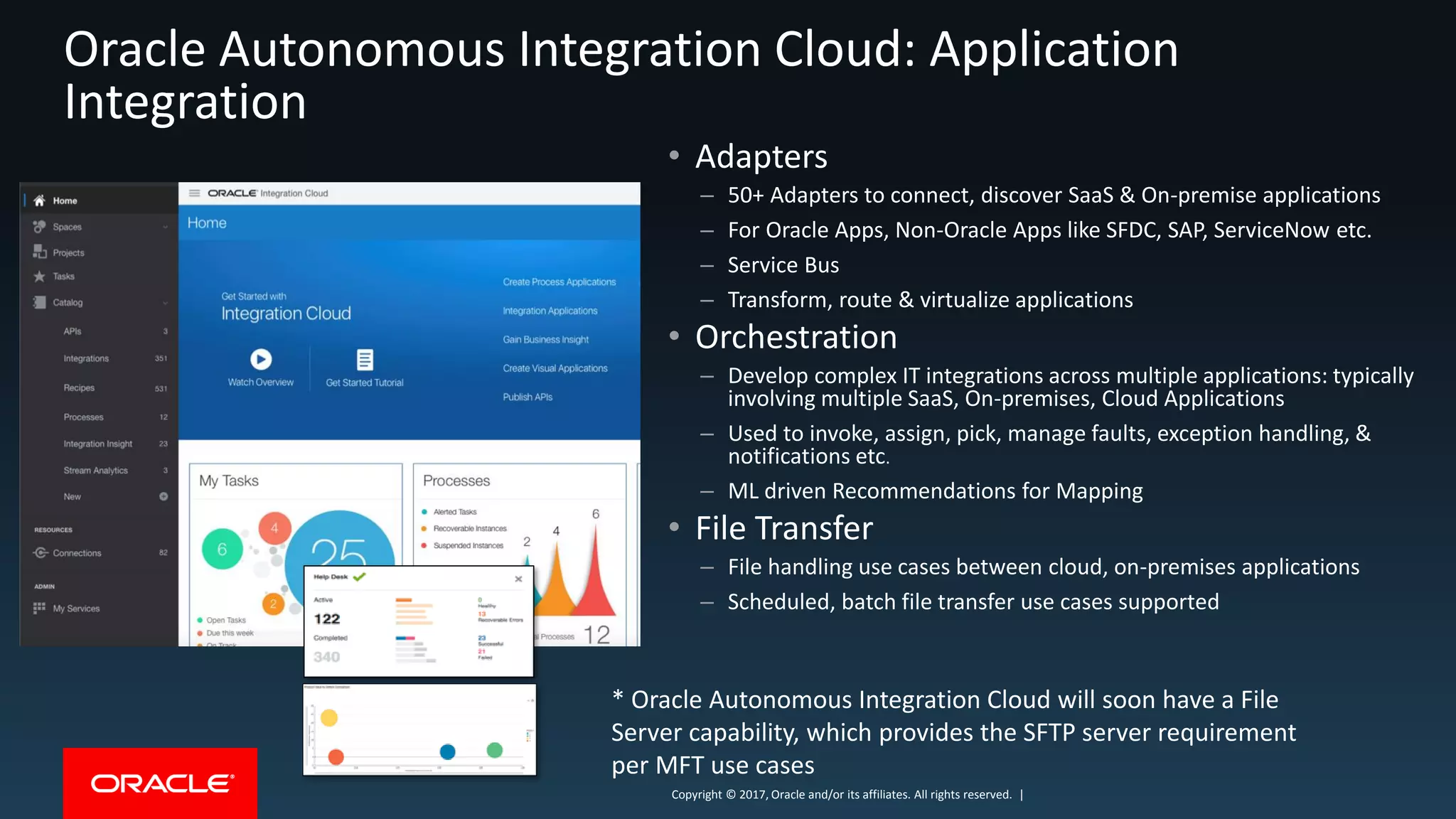Copyright © 2017, Oracle and/or its affiliates. All rights reserved. |Copyright © 2017, Oracle and/or its affiliates. All rights reserved. |
Oracle Autonomous Integration Cloud: Application
Integration
• Adapters
– 50+ Adapters to connect, discover SaaS & On-premise applications
– For Oracle Apps, Non-Oracle Apps like SFDC, SAP, ServiceNow etc.
– Service Bus
– Transform, route & virtualize applications
• Orchestration
– Develop complex IT integrations across multiple applications: typically
involving multiple SaaS, On-premises, Cloud Applications
– Used to invoke, assign, pick, manage faults, exception handling, &
notifications etc.
– ML driven Recommendations for Mapping
• File Transfer
– File handling use cases between cloud, on-premises applications
– Scheduled, batch file transfer use cases supported
* Oracle Autonomous Integration Cloud will soon have a File
Server capability, which provides the SFTP server requirement
per MFT use cases
 
