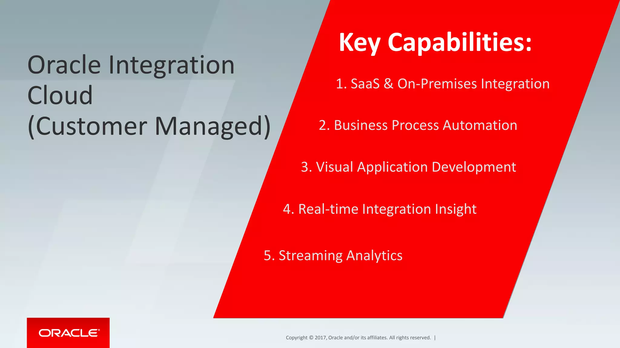Copyright © 2017, Oracle and/or its affiliates. All rights reserved. |
Oracle Integration
Cloud
(Customer Managed)
1. SaaS & On-Premises Integration
2. Business Process Automation
3. Visual Application Development
4. Real-time Integration Insight
5. Streaming Analytics
Key Capabilities:
 