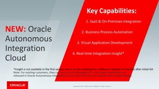 Copyright © 2017, Oracle and/or its affiliates. All rights reserved. |
NEW: Oracle
Autonomous
Integration
Cloud
1. SaaS & On-Premises Integration
2. Business Process Automation
3. Visual Application Development
4. Real-time Integration Insight*
Key Capabilities:
*Insight is not available in the first version, but is on the roadmap for a follow on release 3-6 months after initial GA
Note: For existing customers, they can stay on User Managed OIC until Insight capabilities are
released in Oracle Autonomous Integration Cloud, and then they can migrate their Insight Models.
 