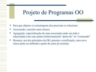 Projeto de Programas OO Para que objetos se comuniquem eles precisam se relacionar Associação: conexão entre classes Agregação: especialização de uma associação onde um todo é relacionado com suas partes (relacionamento “parte-de” ou “contenção”   Herança: um dos princípios da OO, permite a reutilização, uma nova classe pode ser definida a partir de outra já existente 