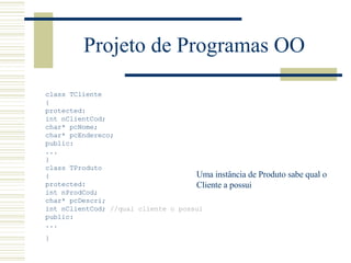 Projeto de Programas OO class TCliente { protected: int nClientCod; char* pcNome; char* pcEndereco;  public: ... }  class TProduto { protected: int nProdCod; char* pcDescri; int nClientCod;  //qual cliente o possui public: ... }   Uma instância de Produto sabe qual o Cliente a possui   
