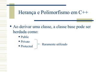 Herança e Polimorfismo em C++ Ao derivar uma classe, a classe base pode ser herdada como: Public Private Protected  Raramente utilizado 