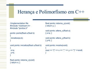 Herança e Polimorfismo em C++ //implementation file #include <iostream.h> #include "pontos.h"   ponto::ponto(float a,float b) { inicializa(a,b); }   void ponto::inicializa(float a,float b) { x=a; y=b; }   float ponto::retorna_x(void) { return x; }   float ponto::retorna_y(void) { return y; }   void ponto::altera_x(float a) { x=a; }   void ponto::altera_y(float b) { y=b; }   void ponto::mostra(void) { cout << "(" << x << "," << y << ")" <<endl; }   