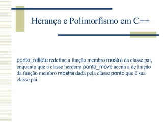 Herança e Polimorfismo em C++ ponto_reflete  redefine a função membro  mostra  da classe pai,  enquanto que a classe herdeira  ponto_move  aceita a definição  da função membro  mostra  dada pela classe  ponto  que é sua  classe pai. 