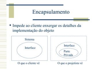 Encapsulamento Impede ao cliente enxergar os detalhes da implementação do objeto Interface Sistema Interface Parte  Privada O que o cliente vê  O que o projetista vê 