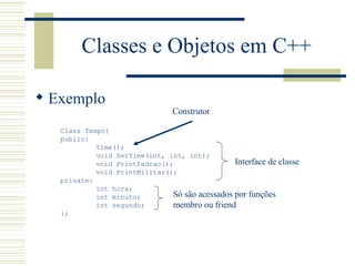 Classes e Objetos em C++ Exemplo Class Tempo{ public: Time(); void SetTime(int, int, int); void PrintPadrao(); void PrintMilitar(); private: int hora; int minuto; int segundo; }; Construtor Interface de classe Só são acessados por funções membro ou friend 
