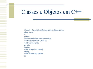Classes e Objetos em C++ //Arquivo 1 ponto.h, definicao para a classe ponto. class ponto { public:  //daqui em diante tudo e acessivel. void inicializa(float a,float b); void mostra(void); private: float x;  //sao ocultos por default float y;  //sao ocultos por default }; 