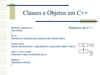 Classes e Objetos em C++ #include <iostream.h> void main() { int* a; //declara um ponteiro para endereco de variavel inteira   a=new int(3); //aloca memoria para o  apontado por a, gravando neste o valor 3   cout << (*a) << endl ; //imprime o valor do apontado por a   delete a; //desaloca memoria } Ponteiros em C++ 