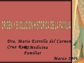 ORIGEN Y EVOLUCION HISTORICA DE LA FAMILIA Dra. Maria Estrella del Carmen Cruz Ruiz R1Medicina Familiar Marzo 2006 