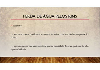 • Exemplo:
em uma pessoa desidratada o volume da urina pode ser tão baixo quanto 0,5
L/dia.
em uma pessoa que vem ingerindo grande quantidade de água, pode ser tão alto
quanto 20 L/dia.
PERDA DE ÁGUA PELOS RINS
 