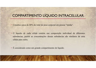 • Constitui cerca de 40% do total do peso corporal em pessoa “média”.
• O líquido de cada célula contém sua composição individual de diferentes
substâncias, porém as concentrações dessas substâncias são similares de uma
célula para outra.
• É considerado como um grande compartimento de líquido.
COMPARTIMENTO LÍQUIDO INTRACELULAR
 