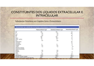 CONSTITUINTES DOS LÍQUIDOS EXTRACELULAR E
INTRACELULAR
Substâncias Osmolares nos Líquidos Intra e Extracelulares
 