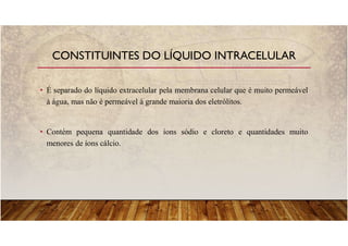• É separado do líquido extracelular pela membrana celular que é muito permeável
à água, mas não é permeável à grande maioria dos eletrólitos.
• Contém pequena quantidade dos íons sódio e cloreto e quantidades muito
menores de íons cálcio.
CONSTITUINTES DO LÍQUIDO INTRACELULAR
 