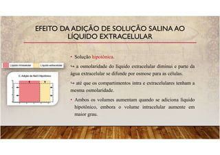 • Solução hipotônica.
a osmolaridade do líquido extracelular diminui e parte da
água extracelular se difunde por osmose para as células.
até que os compartimentos intra e extracelulares tenham a
mesma osmolaridade.
• Ambos os volumes aumentam quando se adiciona líquido
hipotônico, embora o volume intracelular aumente em
maior grau.
EFEITO DA ADIÇÃO DE SOLUÇÃO SALINA AO
LÍQUIDO EXTRACELULAR
 