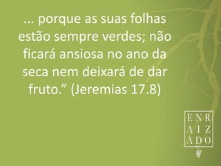 ... porque as suas folhas
estão sempre verdes; não
ficará ansiosa no ano da
seca nem deixará de dar
fruto.” (Jeremias 17.8)
 